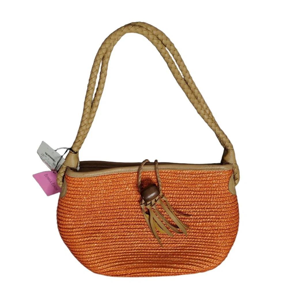 Vintage Donna Dixon Satchel Shoulder Bag Orange Woven‎ Straw Braided Leather